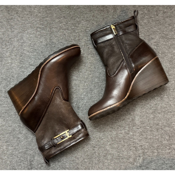 Tory Burch Primrose Boots Brown Leather Faux Fur Zip Up - Womens 8 - Picture 2 of 13